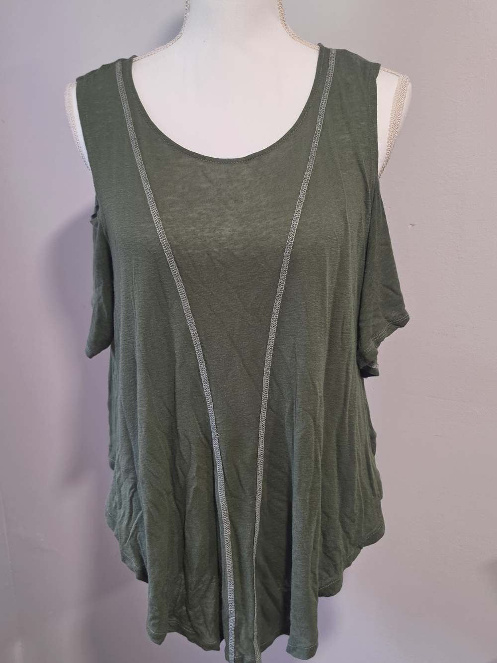 We The Free Olive Green Linen Blend Cold-Shoulder Scoop Neck Top Women's SZ S